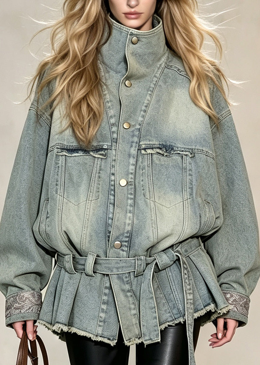 Women Blue Hign Neck Lace Up Patchwork Denim Coat Fall