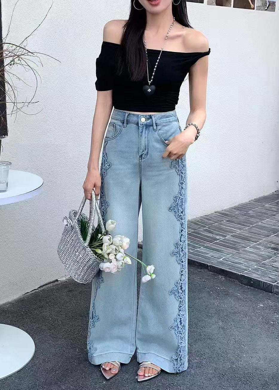 Women Blue Hollow Out Patchwork Lace Denim Straight Pants Fall