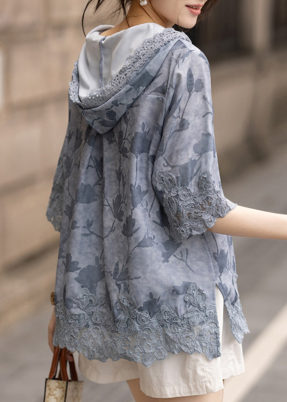 Women Blue Hooded Patchwork Lace Loose Sweatshirt Summer