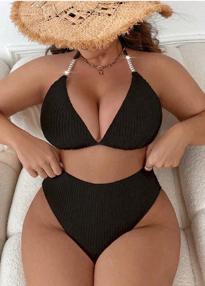 Women Blue Lace Up Plus Size Polyester Swimwear Set