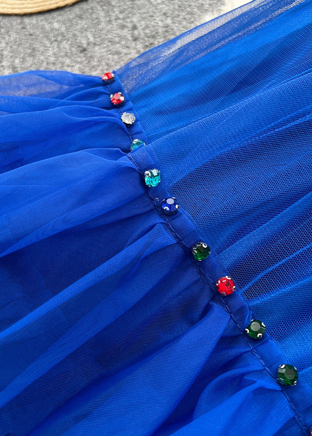 Women Blue Nail Bead Patchwork Tulle Skirts Summer