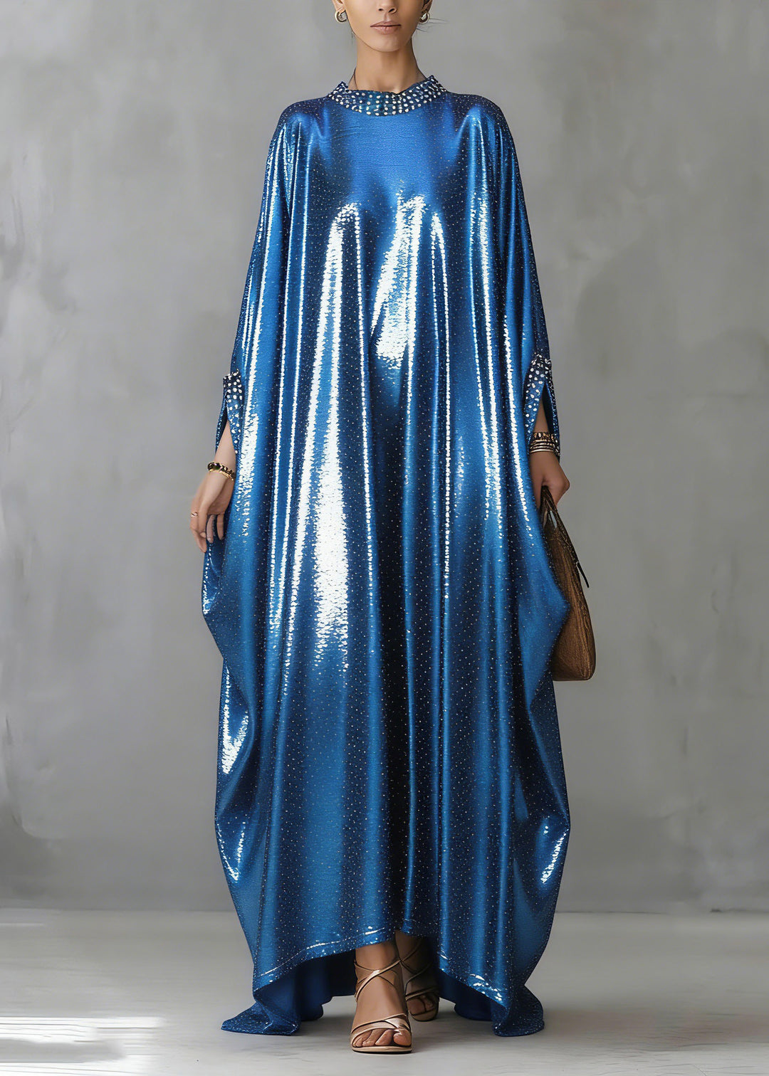 Women Blue Nail Bead Silk Long Dress Spring