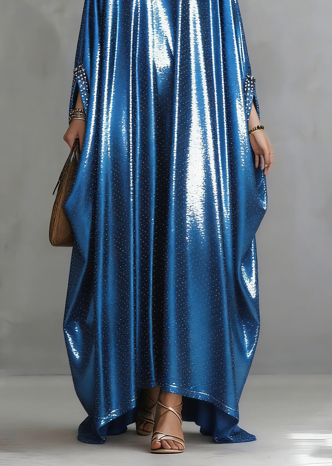 Women Blue Nail Bead Silk Long Dress Spring