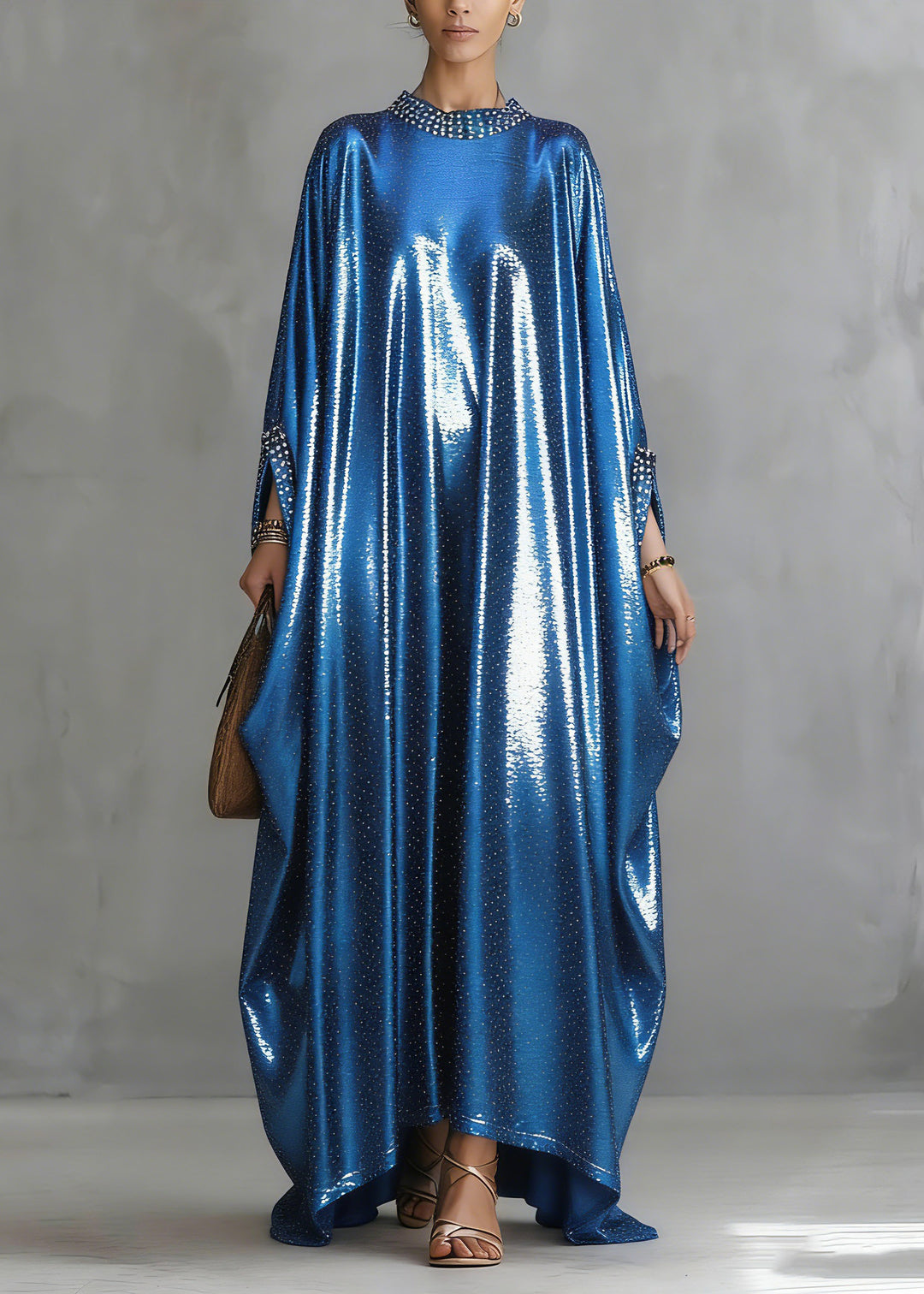 Women Blue Nail Bead Silk Long Dress Spring