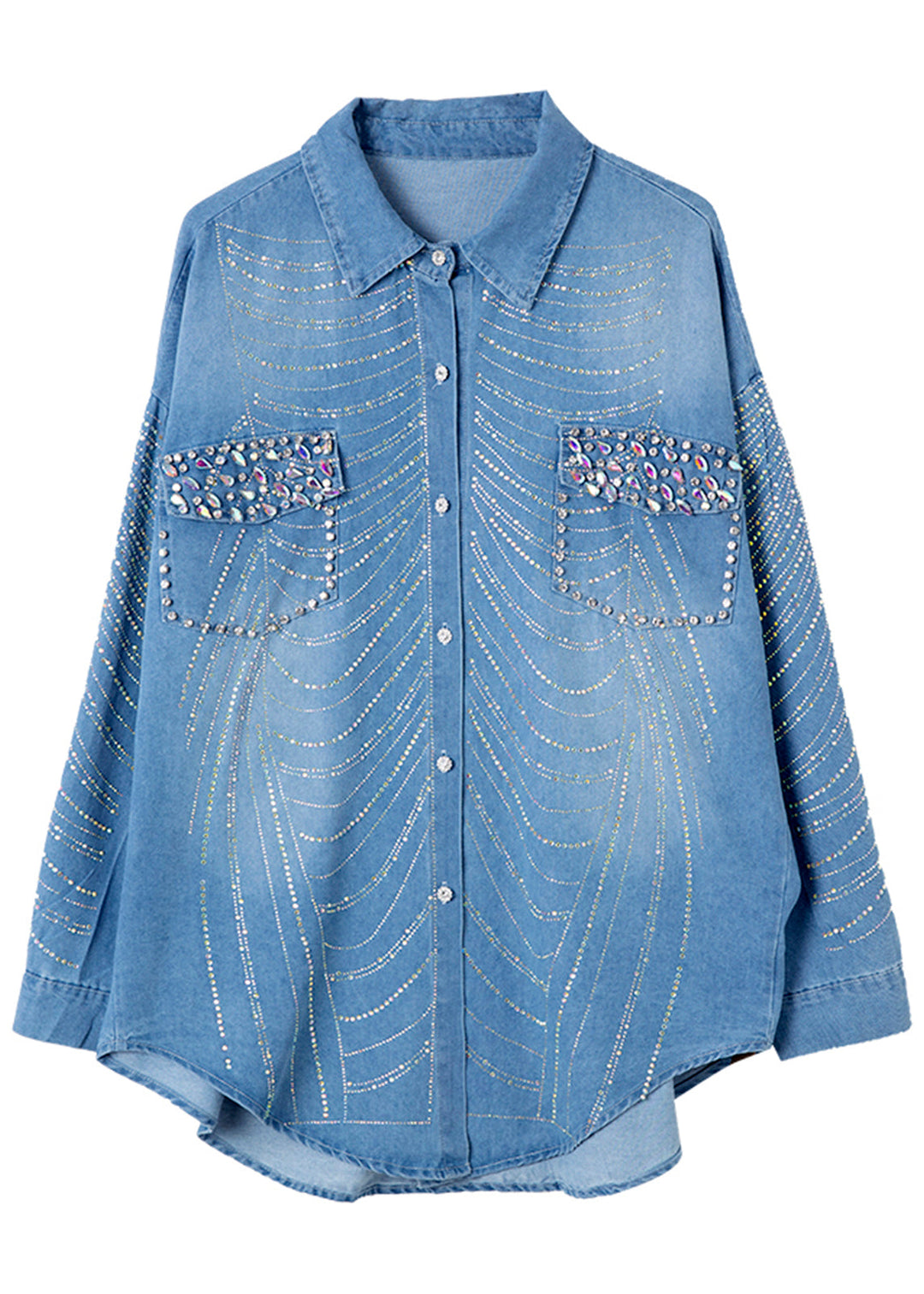 Women Blue Nail Bead Zircon Button Denim Shirts Spring