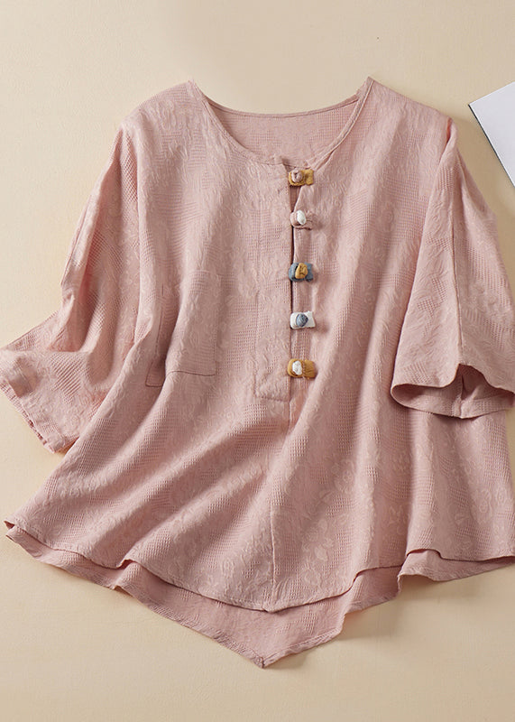 Women Blue O Neck Chinese Button Jacquard Linen Shirt Summer