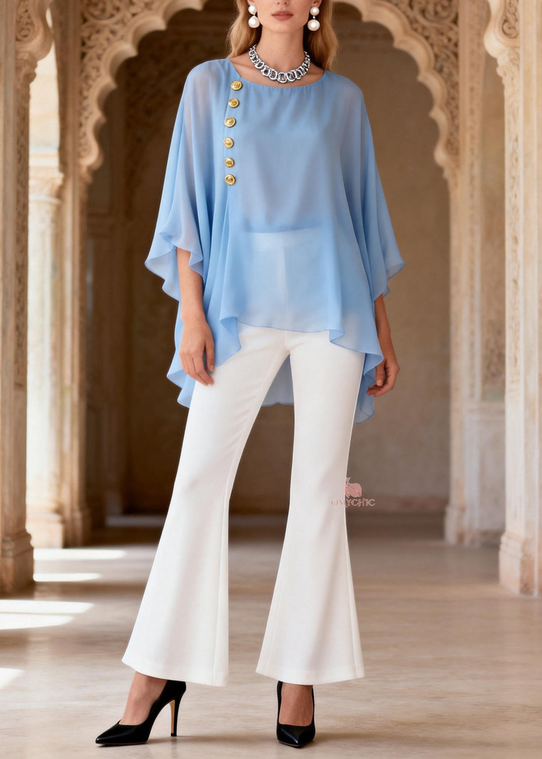 Women Blue O Neck Top And White Flared Trousers Chiffon Two Pieces Set Summer