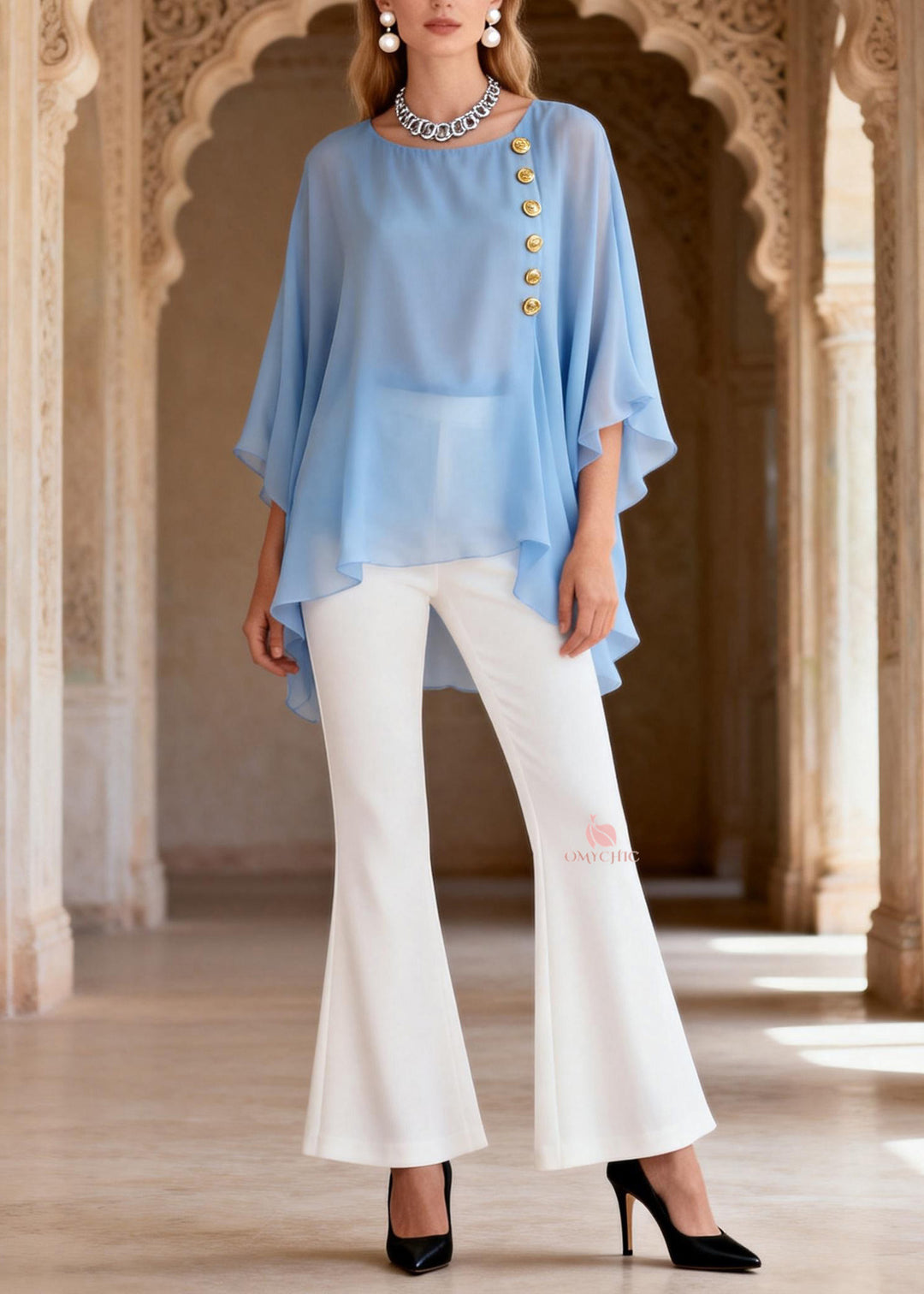 Women Blue O Neck Top And White Flared Trousers Chiffon Two Pieces Set Summer