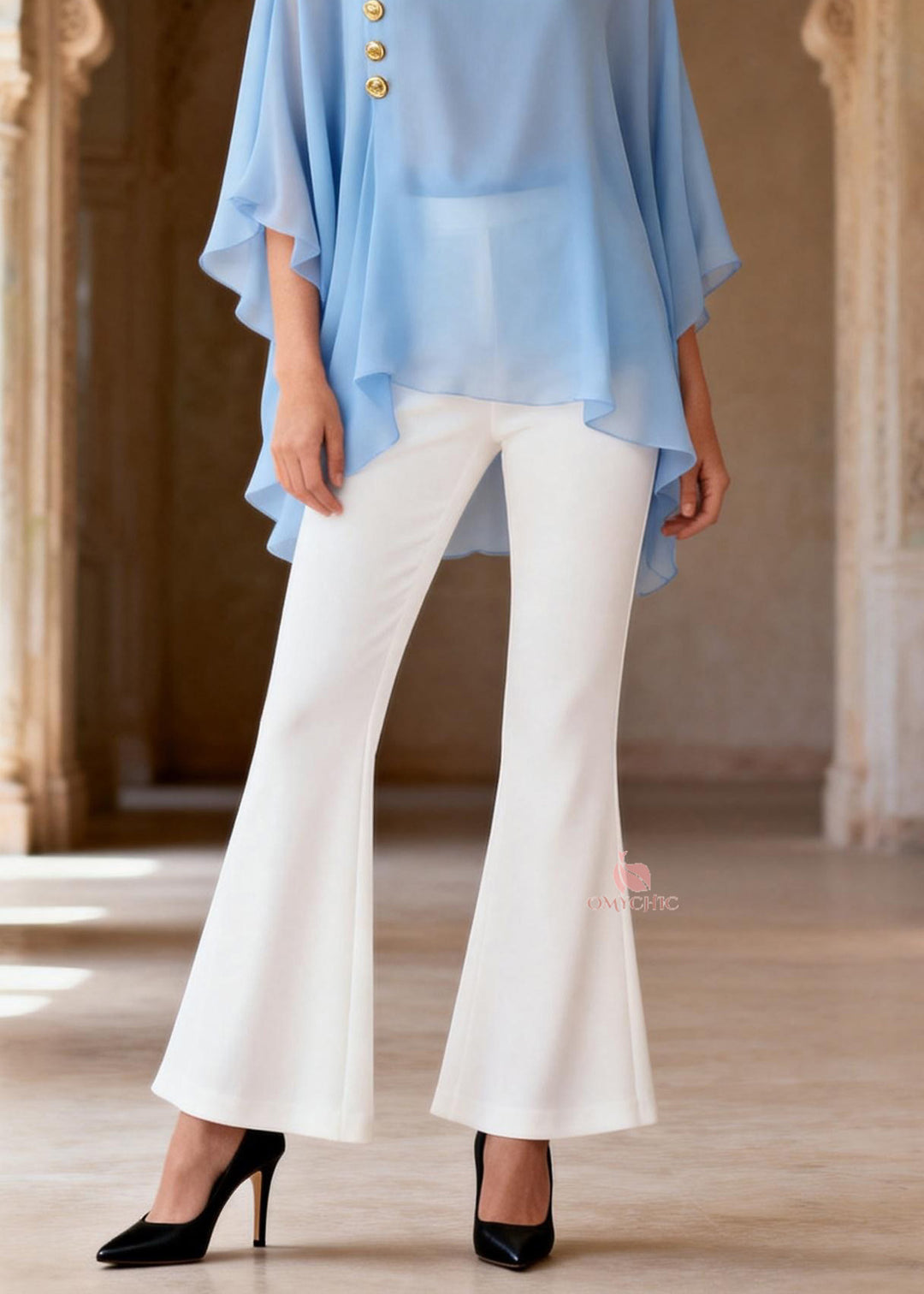 Women Blue O Neck Top And White Flared Trousers Chiffon Two Pieces Set Summer
