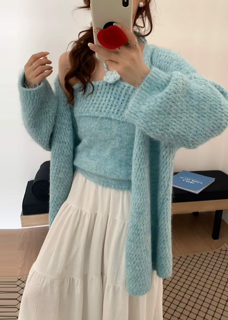 Women Blue Oversized Floral Decorated Knit Two Pieces Set Winter