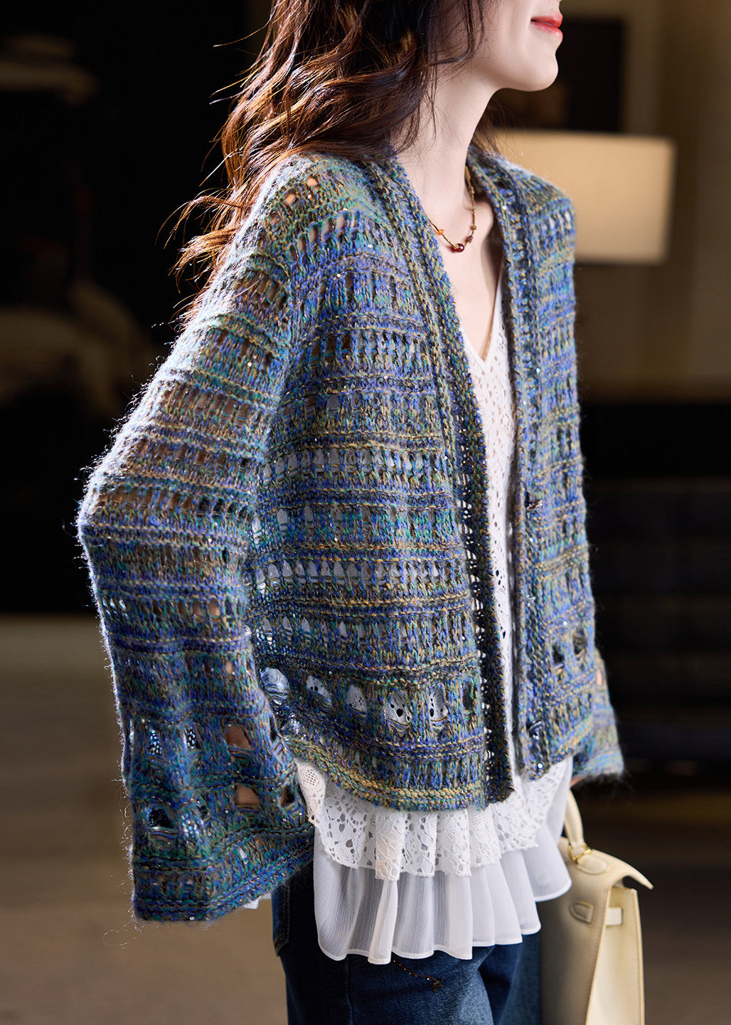 Women Blue Oversized Hollow Out Knit Loose Coat Fall