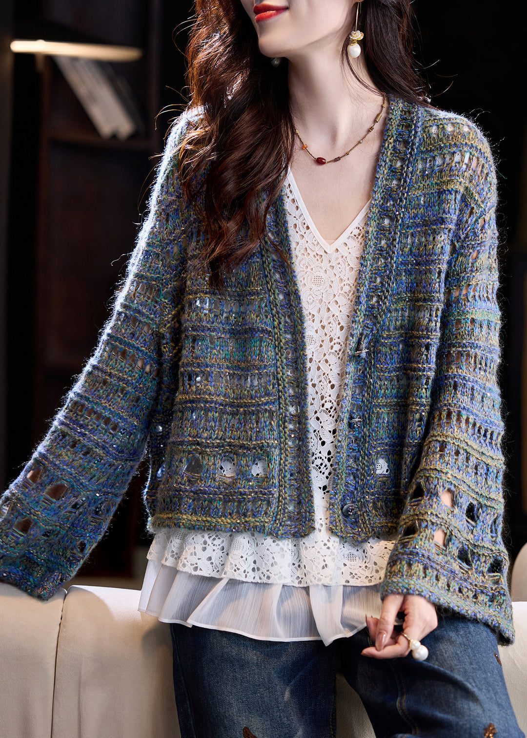 Women Blue Oversized Hollow Out Knit Loose Coat Fall