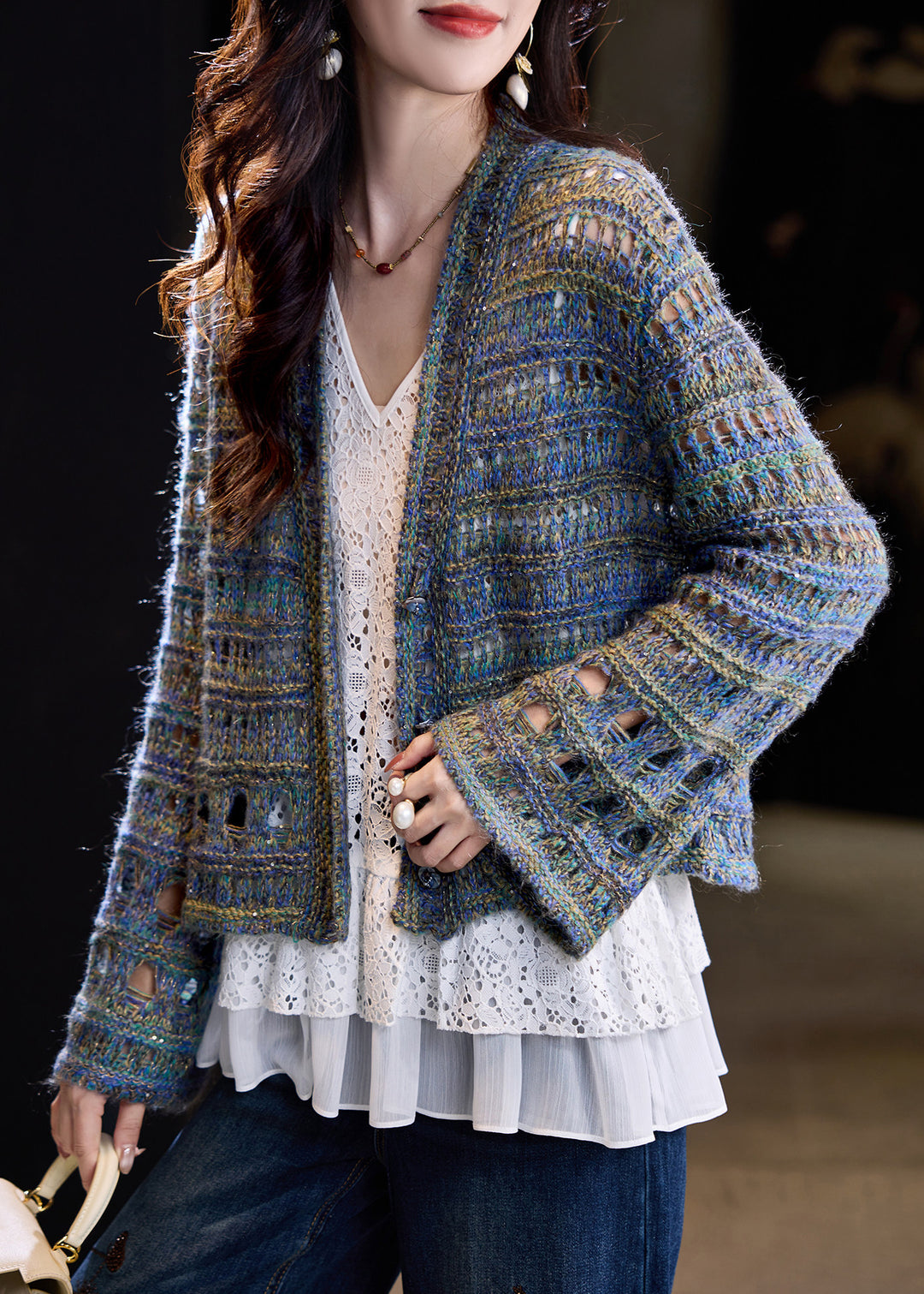 Women Blue Oversized Hollow Out Knit Loose Coat Fall