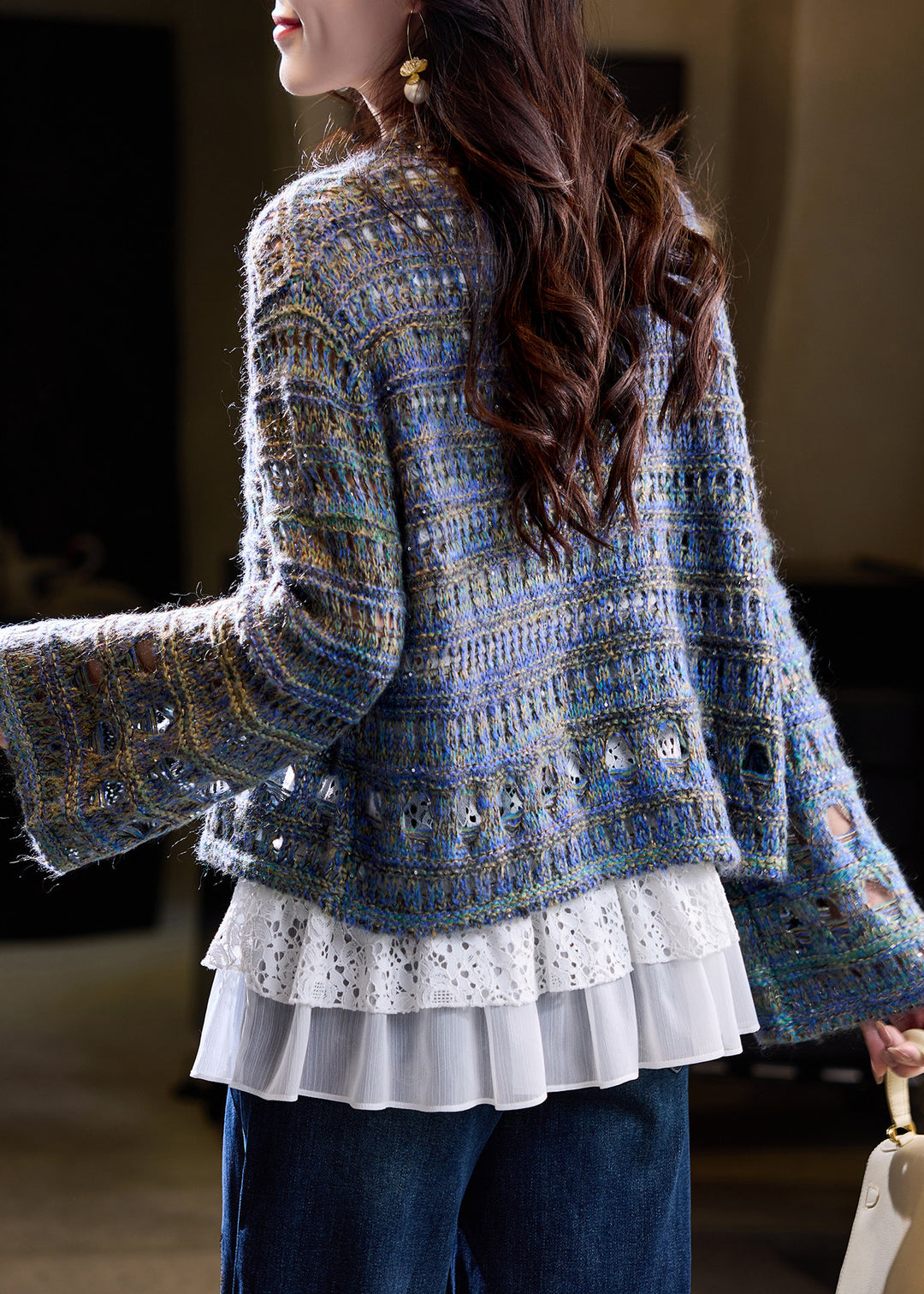 Women Blue Oversized Hollow Out Knit Loose Coat Fall