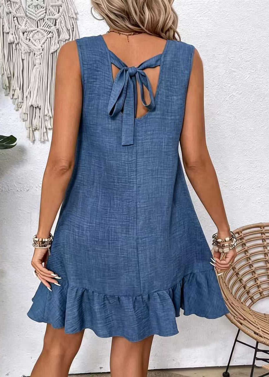 Women Blue Oversized Lace Up Cotton Work Dress Sleeveless