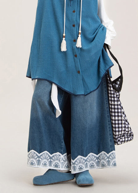 Women Blue Oversized Patchwork Lace Denim Wide Leg Pants Spring