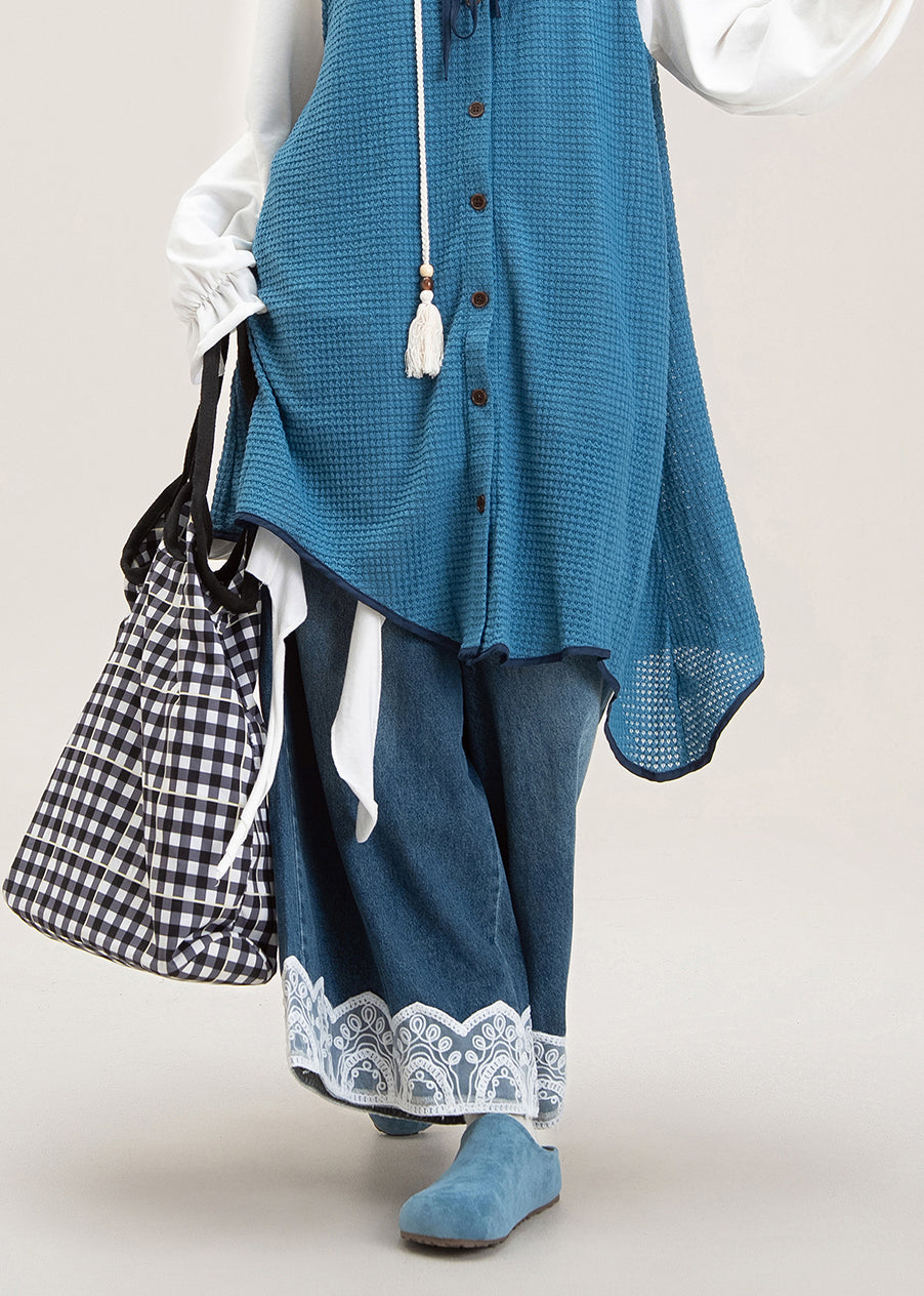 Women Blue Oversized Patchwork Lace Denim Wide Leg Pants Spring