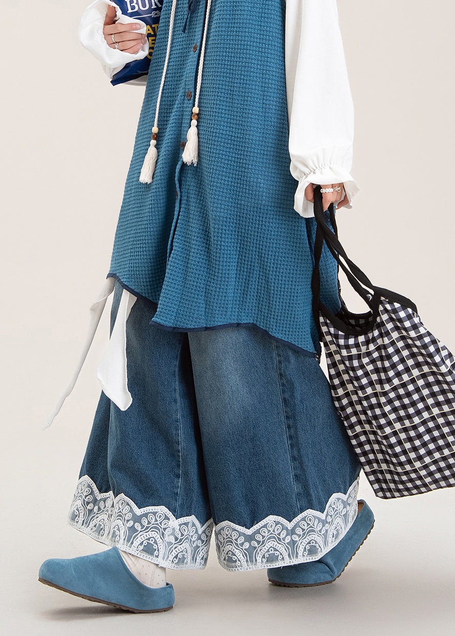 Women Blue Oversized Patchwork Lace Denim Wide Leg Pants Spring