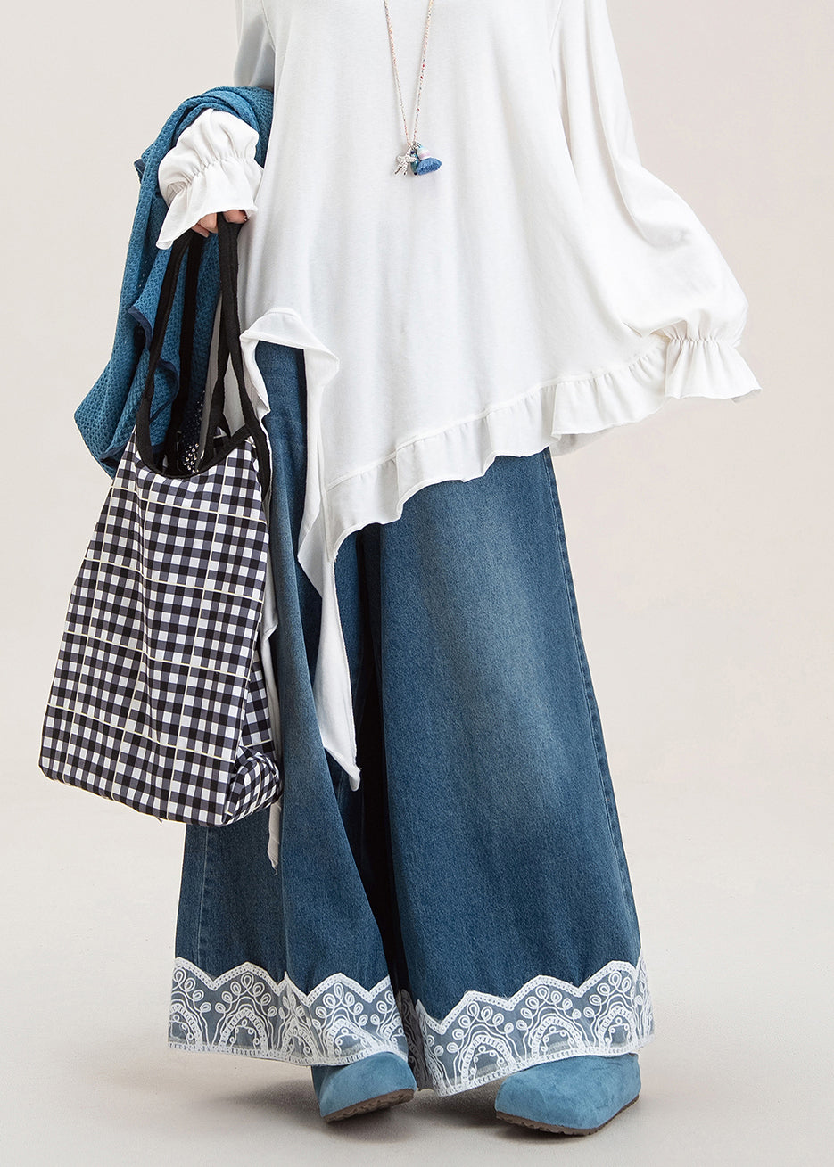 Women Blue Oversized Patchwork Lace Denim Wide Leg Pants Spring