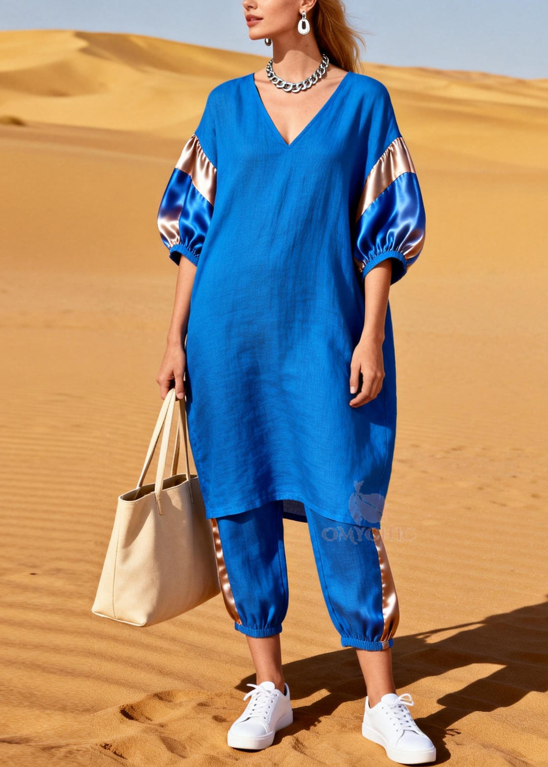 Women Blue Oversized Patchwork Silk Cotton Two Pieces Set Summer