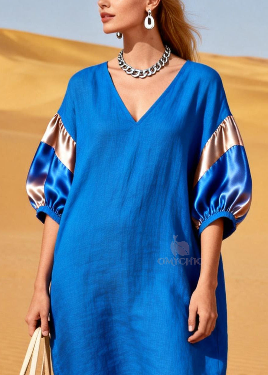 Women Blue Oversized Patchwork Silk Cotton Two Pieces Set Summer