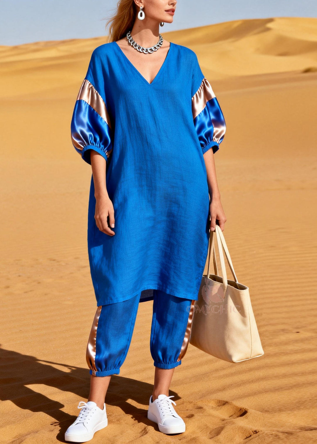 Women Blue Oversized Patchwork Silk Cotton Two Pieces Set Summer