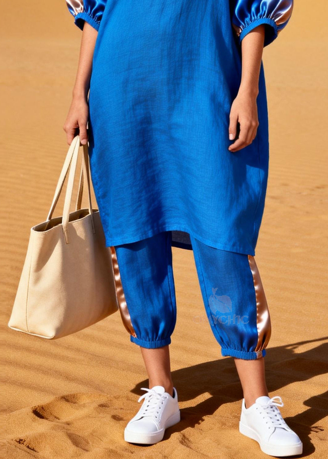 Women Blue Oversized Patchwork Silk Cotton Two Pieces Set Summer