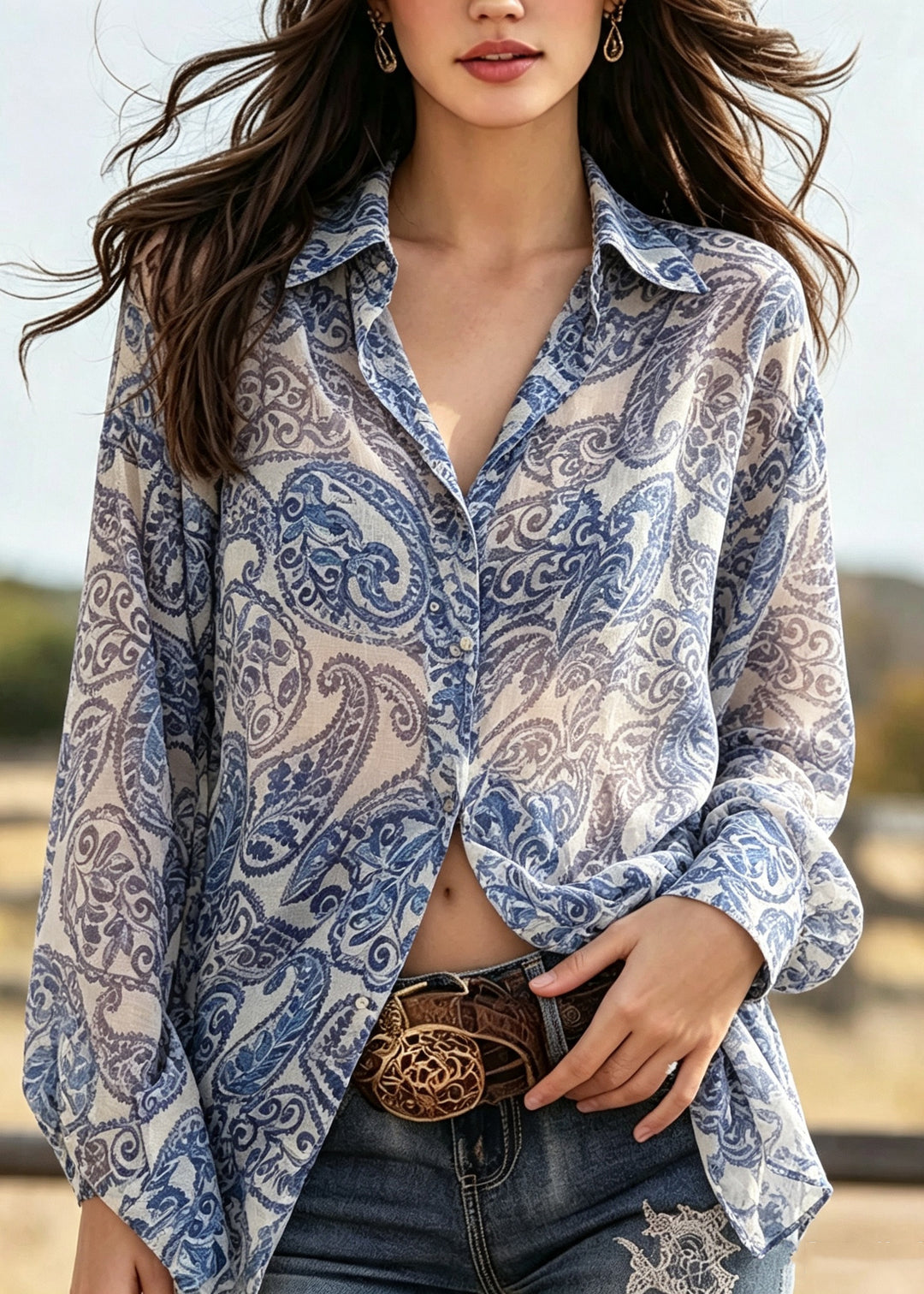 Women Blue Oversized Print Chiffon UPF 50+ Blouse Top Summer