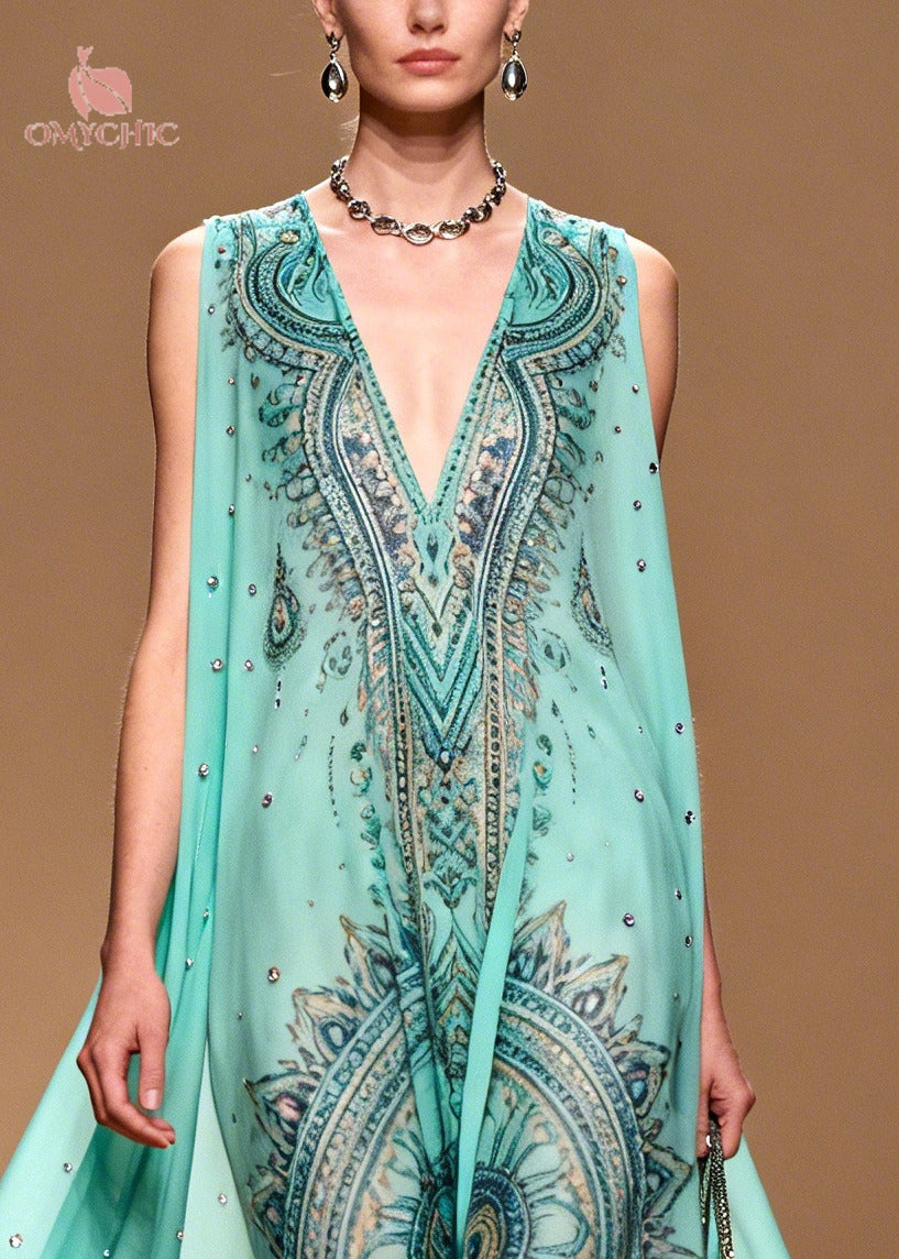 Women Blue Oversized Print Rhinestone Chiffon Beach Dress Summer