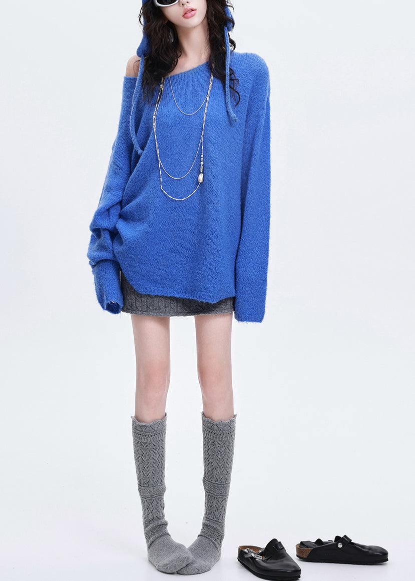 Women Blue Oversized Warm Knitted Tops Winter