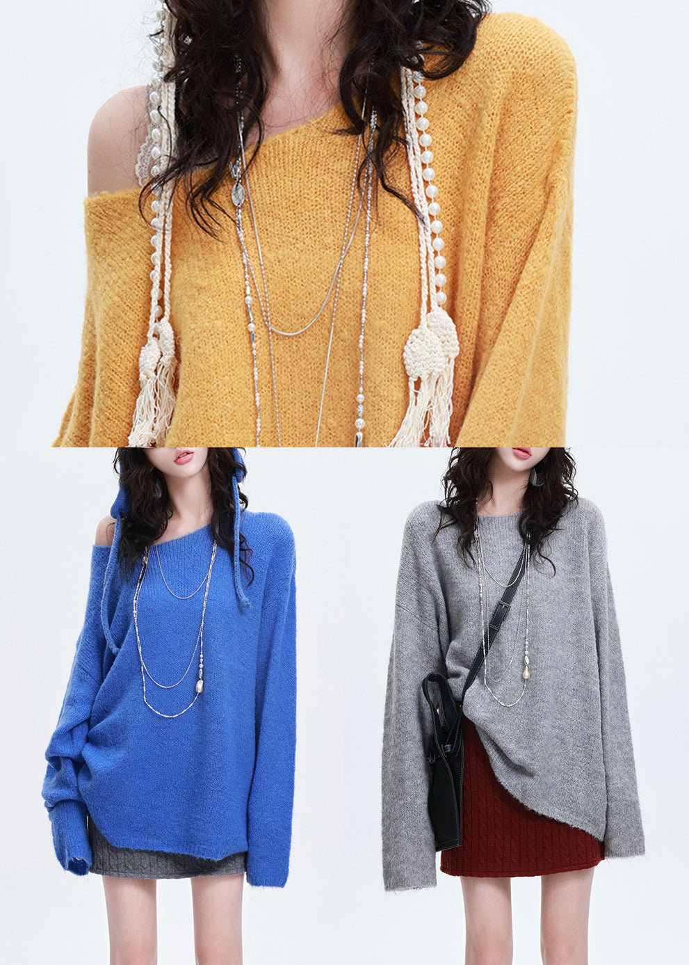 Women Blue Oversized Warm Knitted Tops Winter