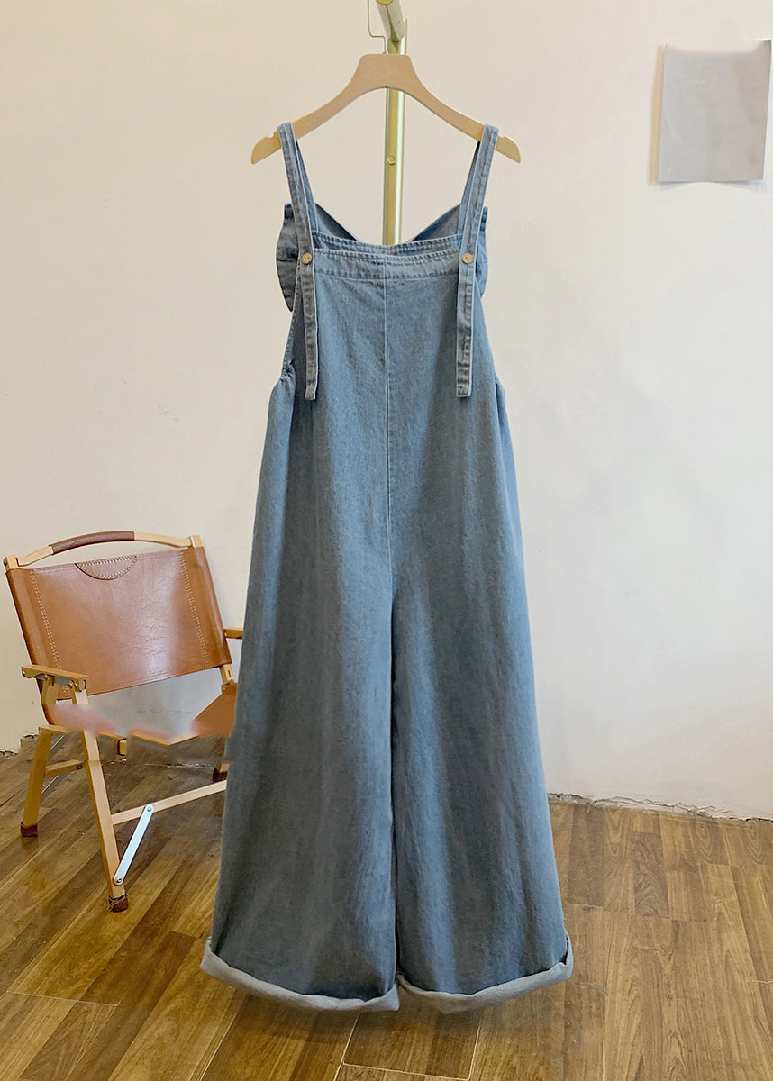 Women Blue Patchwork Bow Denim Jumpsuits Summer