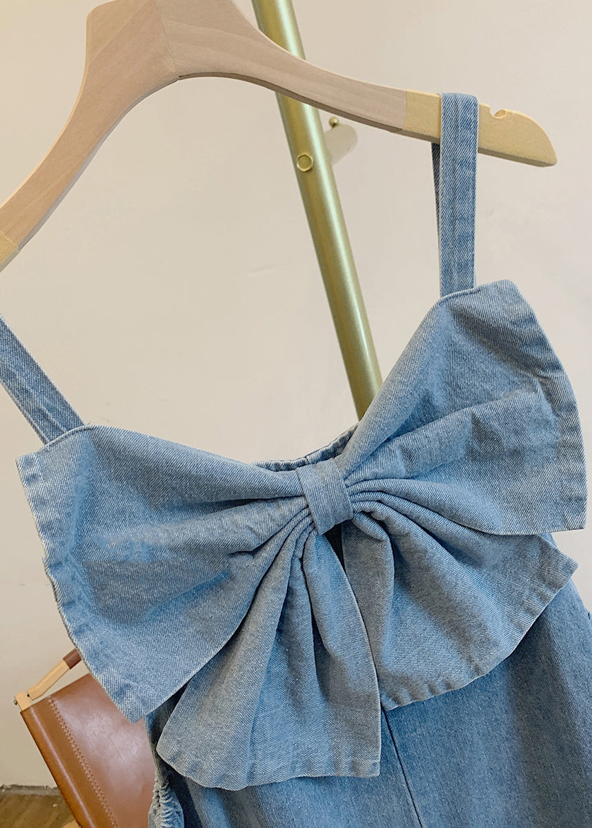 Women Blue Patchwork Bow Denim Jumpsuits Summer