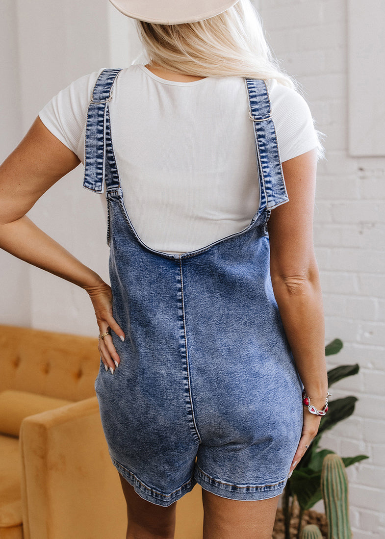 Women Blue Patchwork Pockets Denim Jumpsuits Sleeveless