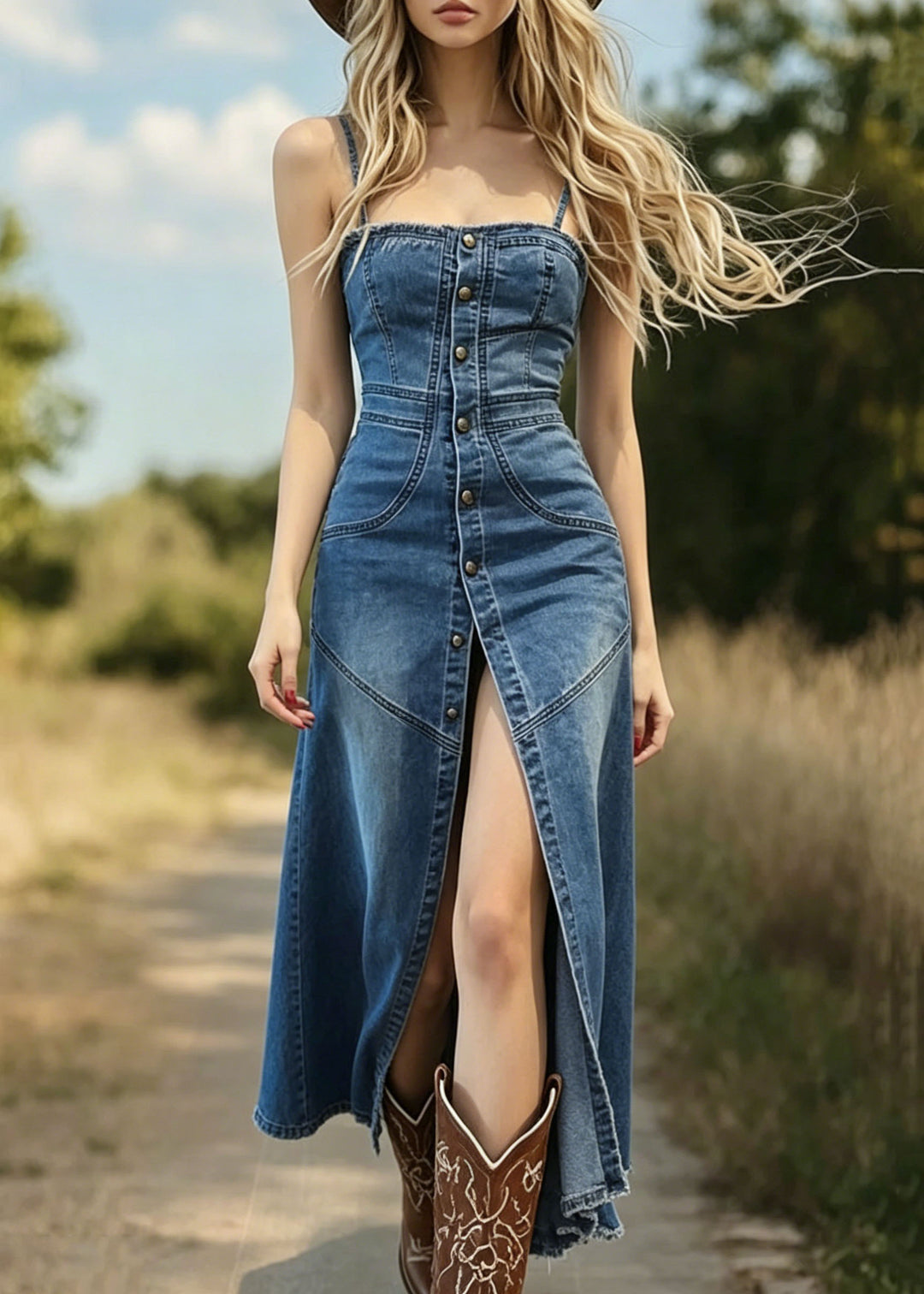 Women Blue Patchwork Side Open Denim Spaghetti Strap Dress Summer