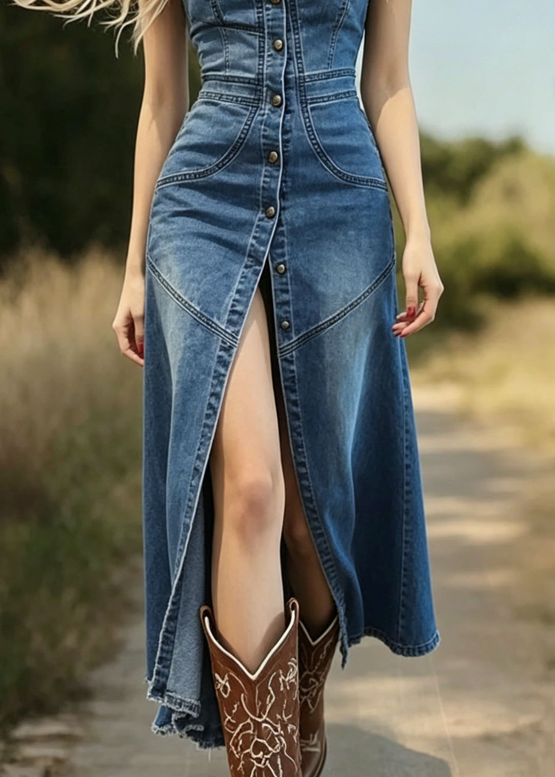 Women Blue Patchwork Side Open Denim Spaghetti Strap Dress Summer