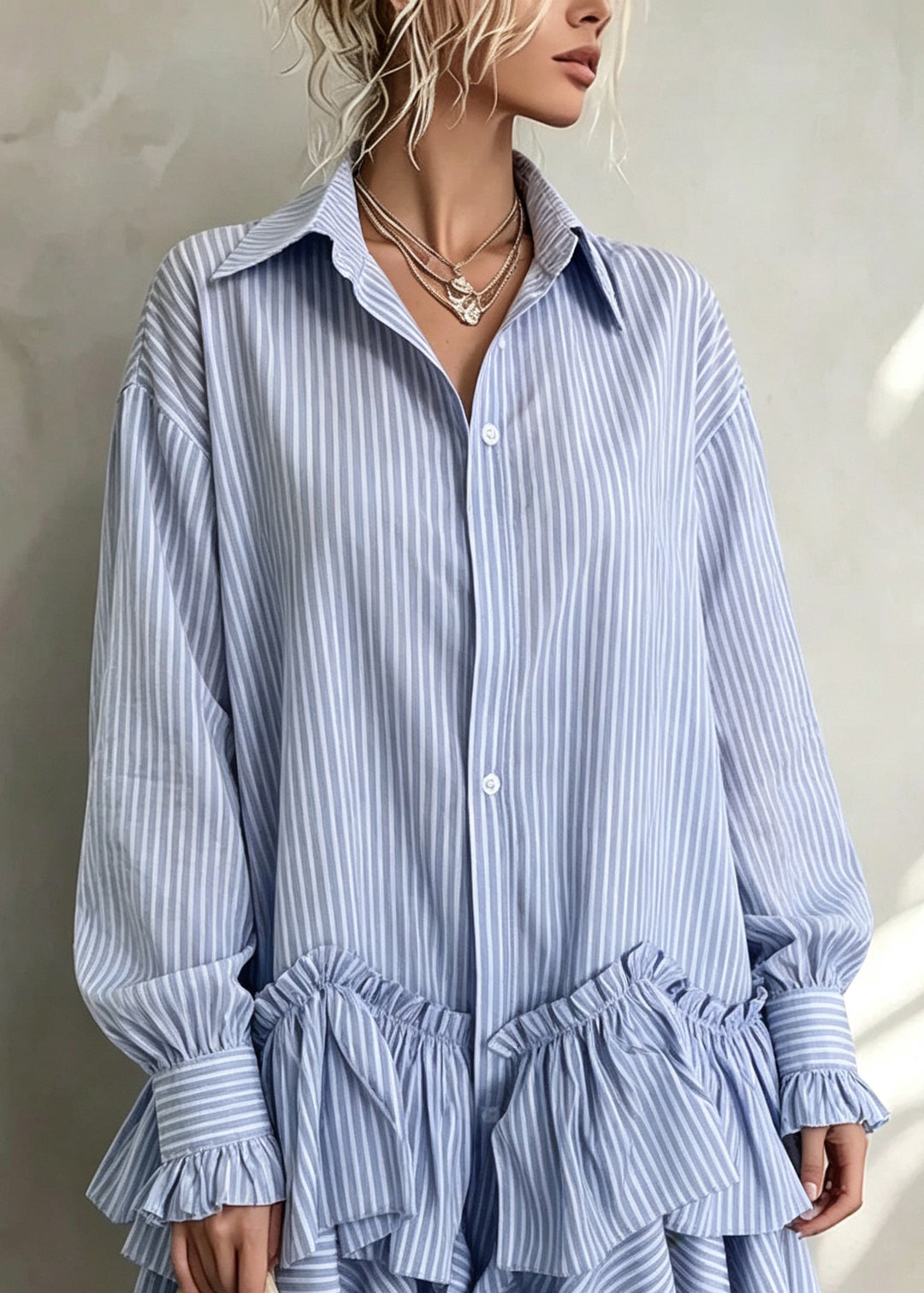 Women Blue Peter Pan Collar Asymmetrical Design Striped Cotton Shirts Dress Fall
