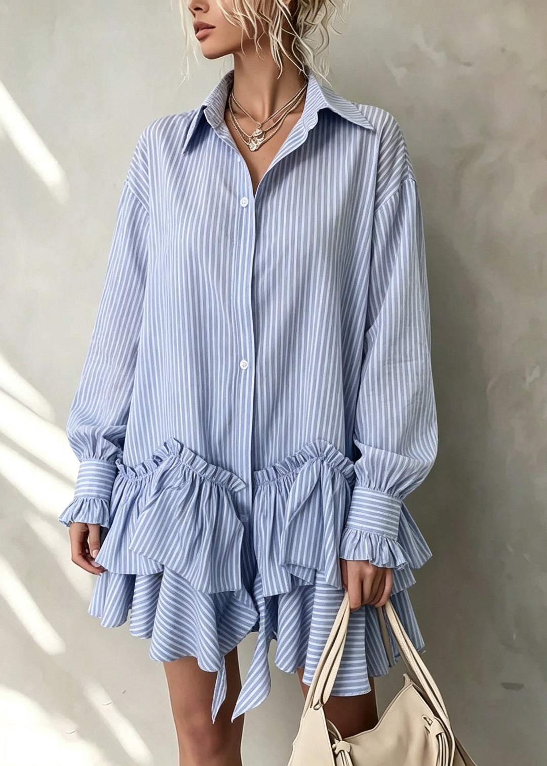 Women Blue Peter Pan Collar Asymmetrical Design Striped Cotton Shirts Dress Fall