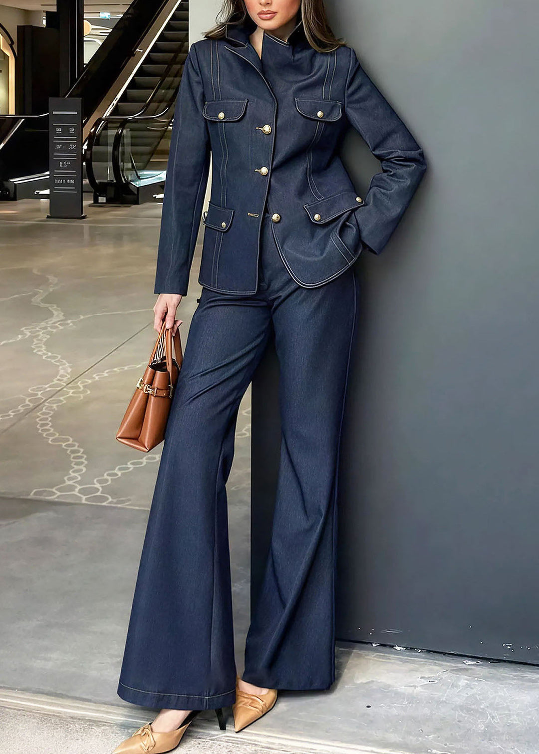 Women Blue Peter Pan Collar Coat And Pants Denim Two Pieces Set Fall