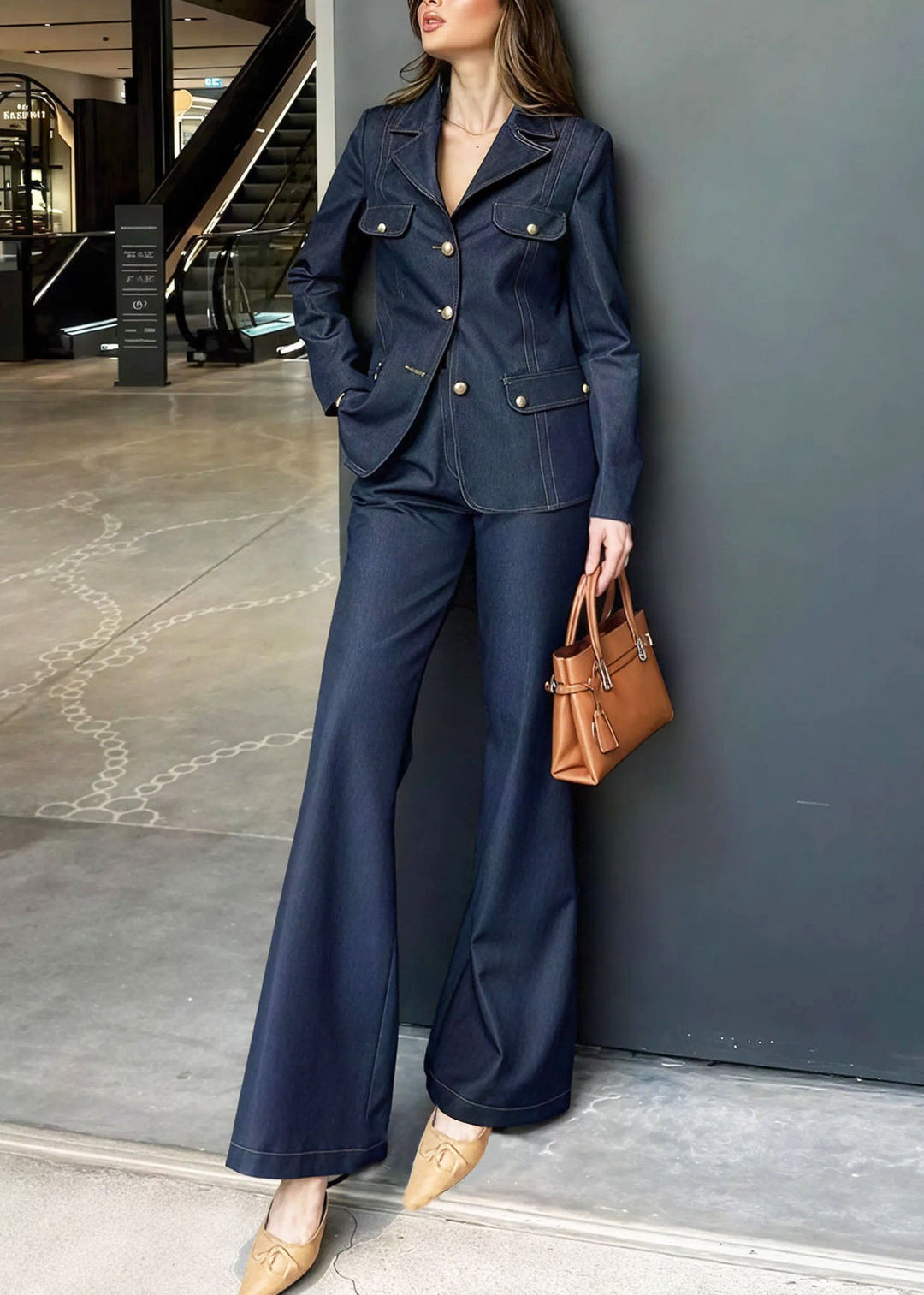 Women Blue Peter Pan Collar Coat And Pants Denim Two Pieces Set Fall