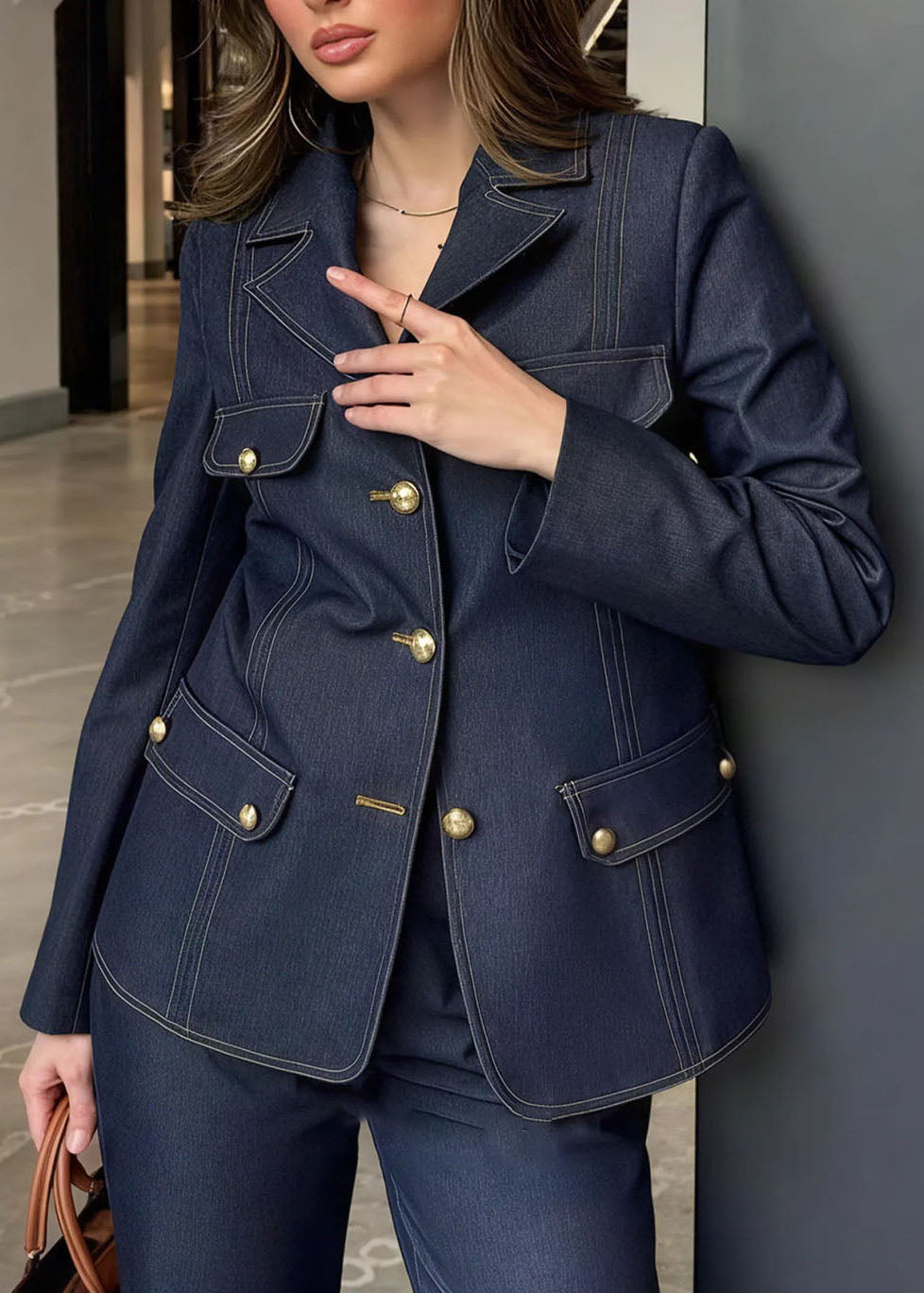 Women Blue Peter Pan Collar Coat And Pants Denim Two Pieces Set Fall
