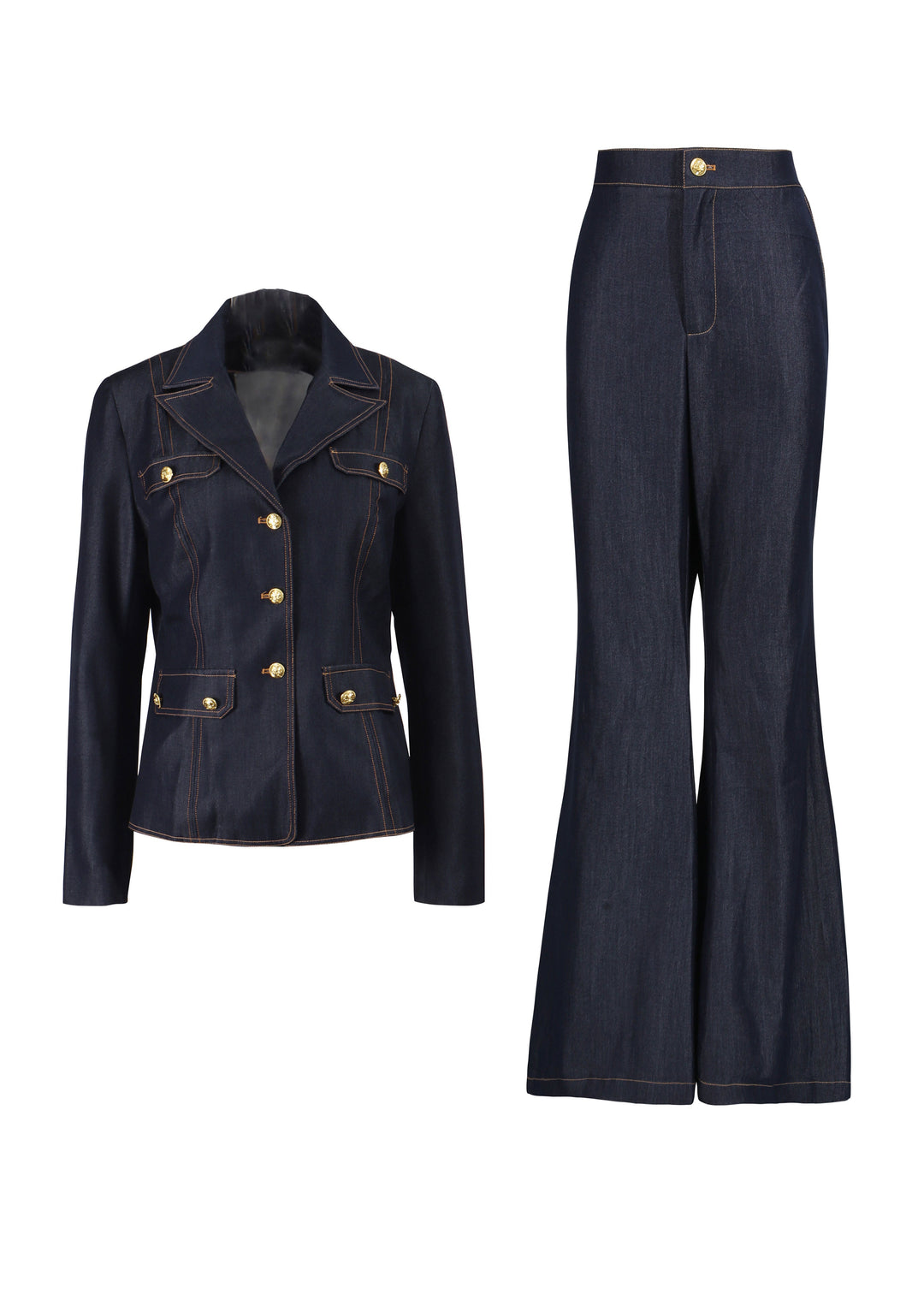 Women Blue Peter Pan Collar Coat And Pants Denim Two Pieces Set Fall