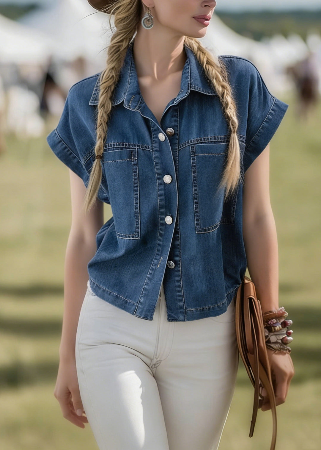 Women Blue Peter Pan Collar Denim Shirts Top Summer