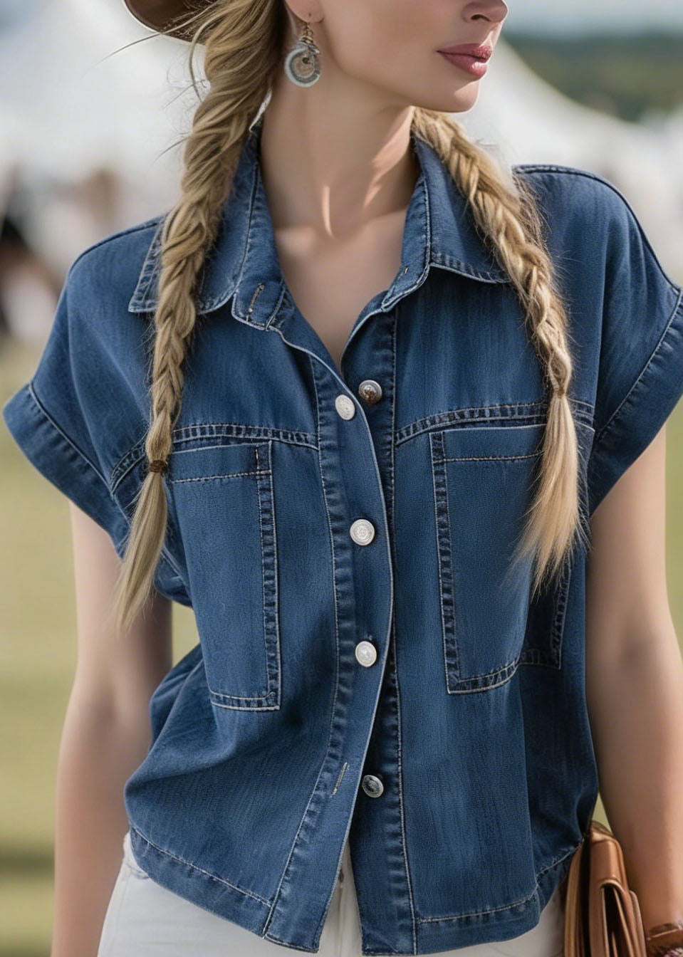 Women Blue Peter Pan Collar Denim Shirts Top Summer