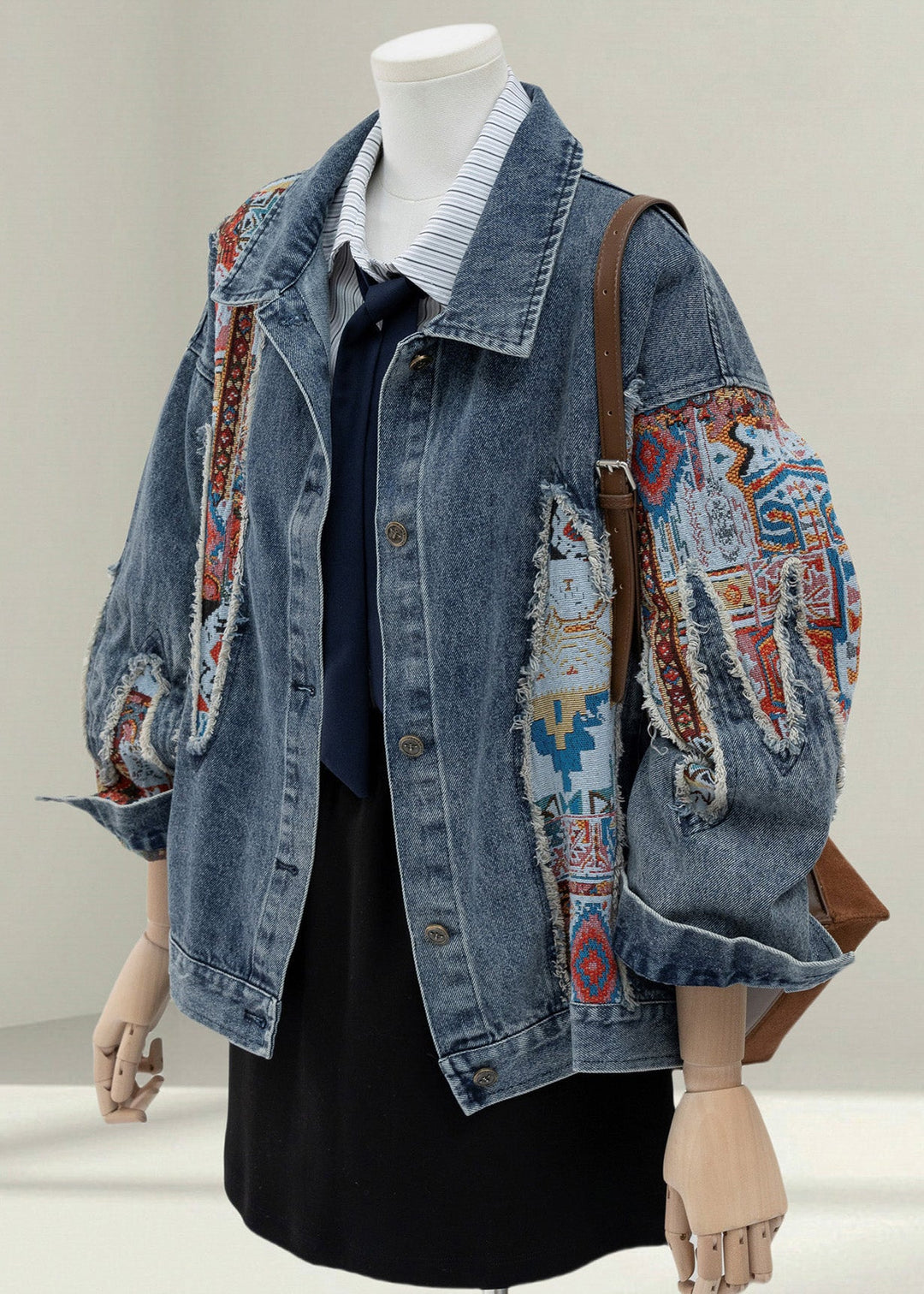 Women Blue Peter Pan Collar Jacquard Patchwork Denim Coat Fall