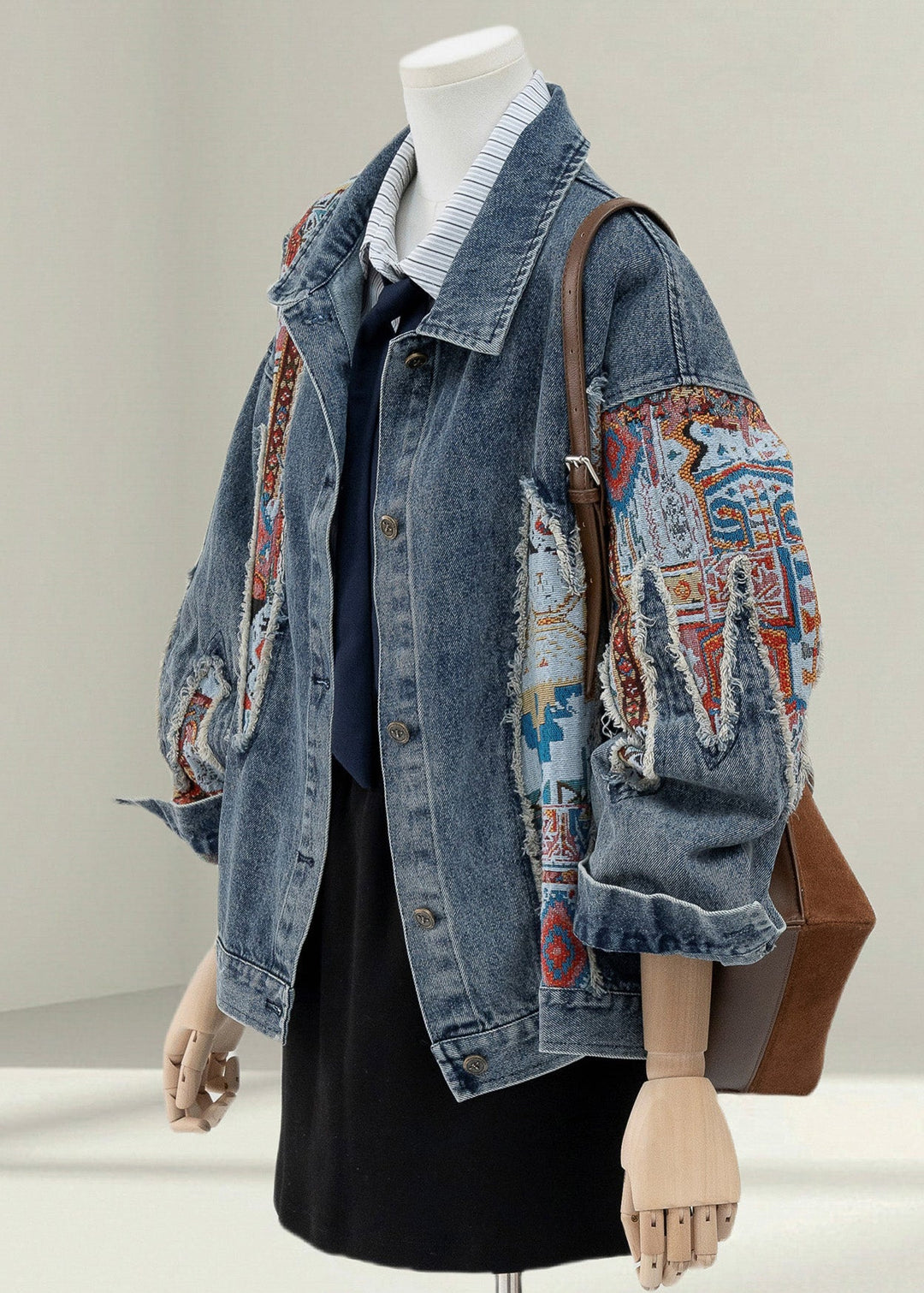 Women Blue Peter Pan Collar Jacquard Patchwork Denim Coat Fall
