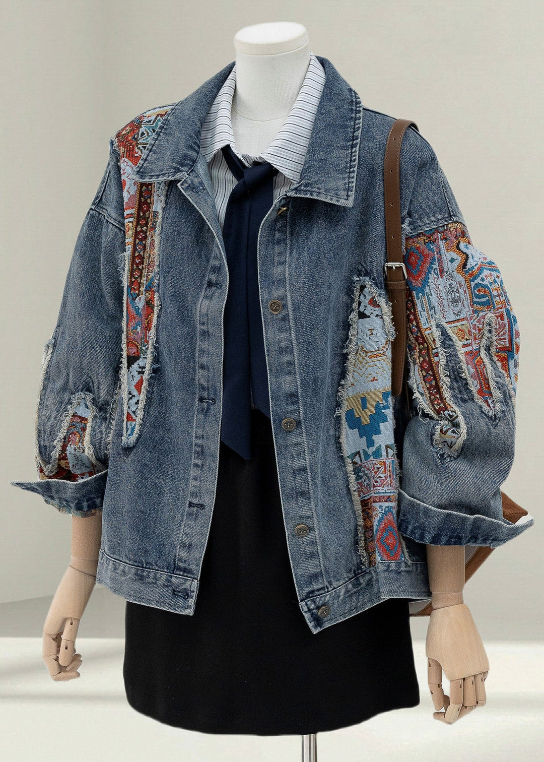 Women Blue Peter Pan Collar Jacquard Patchwork Denim Coat Fall