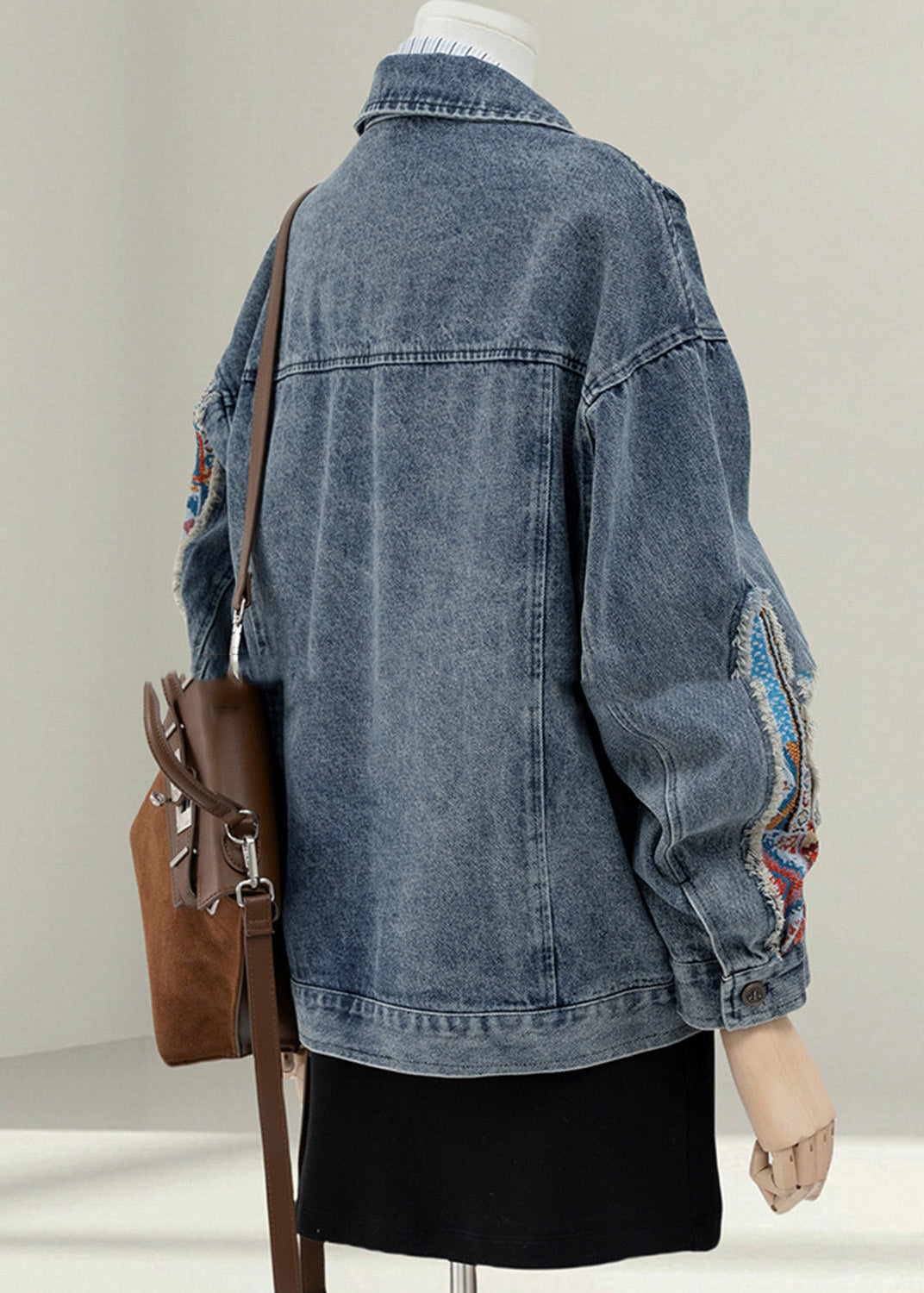 Women Blue Peter Pan Collar Jacquard Patchwork Denim Coat Fall
