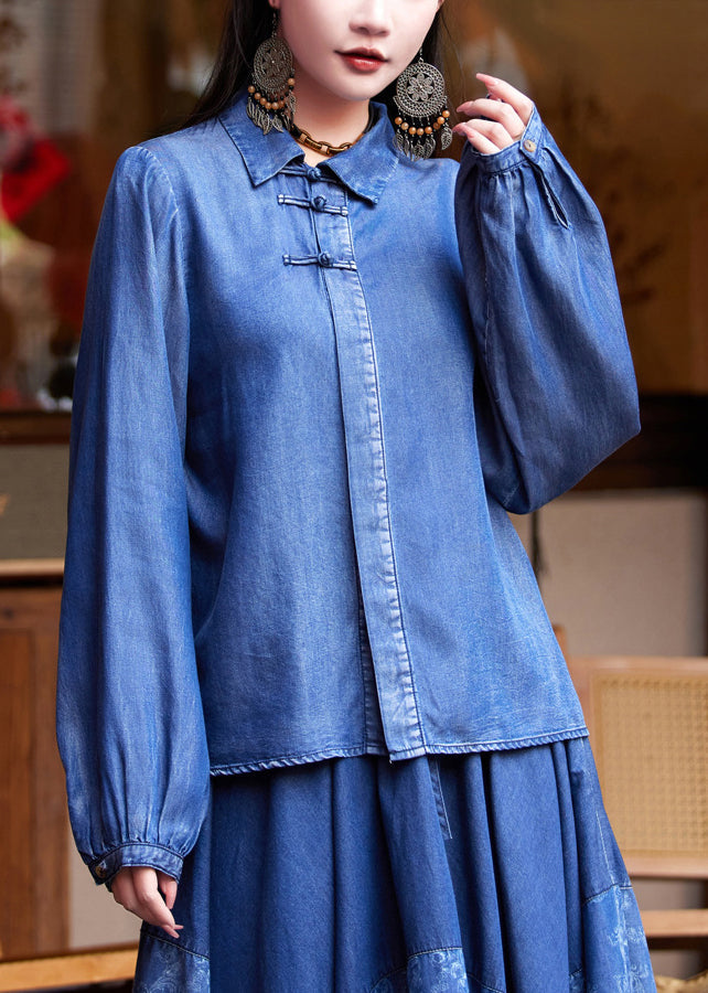 Women Blue Peter Pan Collar Patchwork Button Silk Cotton Denim Shirt Long Sleeve