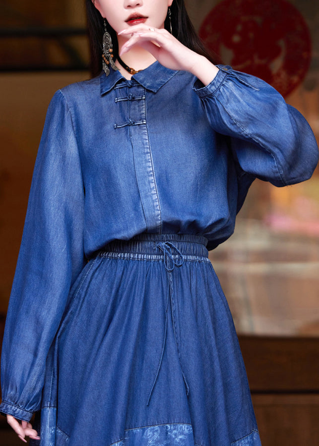 Women Blue Peter Pan Collar Patchwork Button Silk Cotton Denim Shirt Long Sleeve